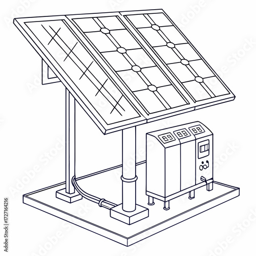Illustration of a solar panel system with an inverter and digital display for clean energy generation