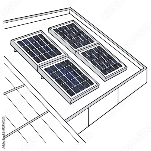 Illustration of four solar panels installed on a flat rooftop for renewable energy generation