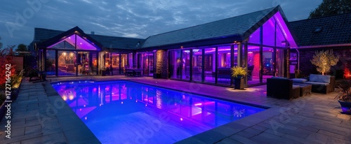 Modern home's expansive backyard pool area bathed in vibrant purple and blue hues at twilight.