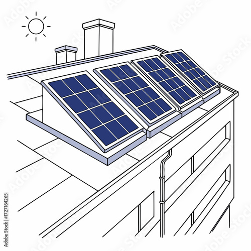 Illustration of solar panels installed on a rooftop of a building under a bright sun