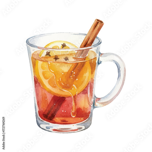Watercolor Vector of Hot Toddy Cocktail with Cinnamon and Orange on White Background