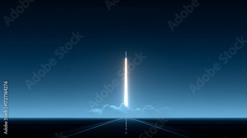 Futuristic Rocket Launch Scene with Bright Trail in Dark Sky