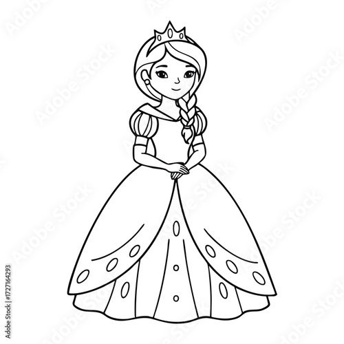 A charming young girl dressed as a with a beautiful gown and a delicate crown, ready for adventure.