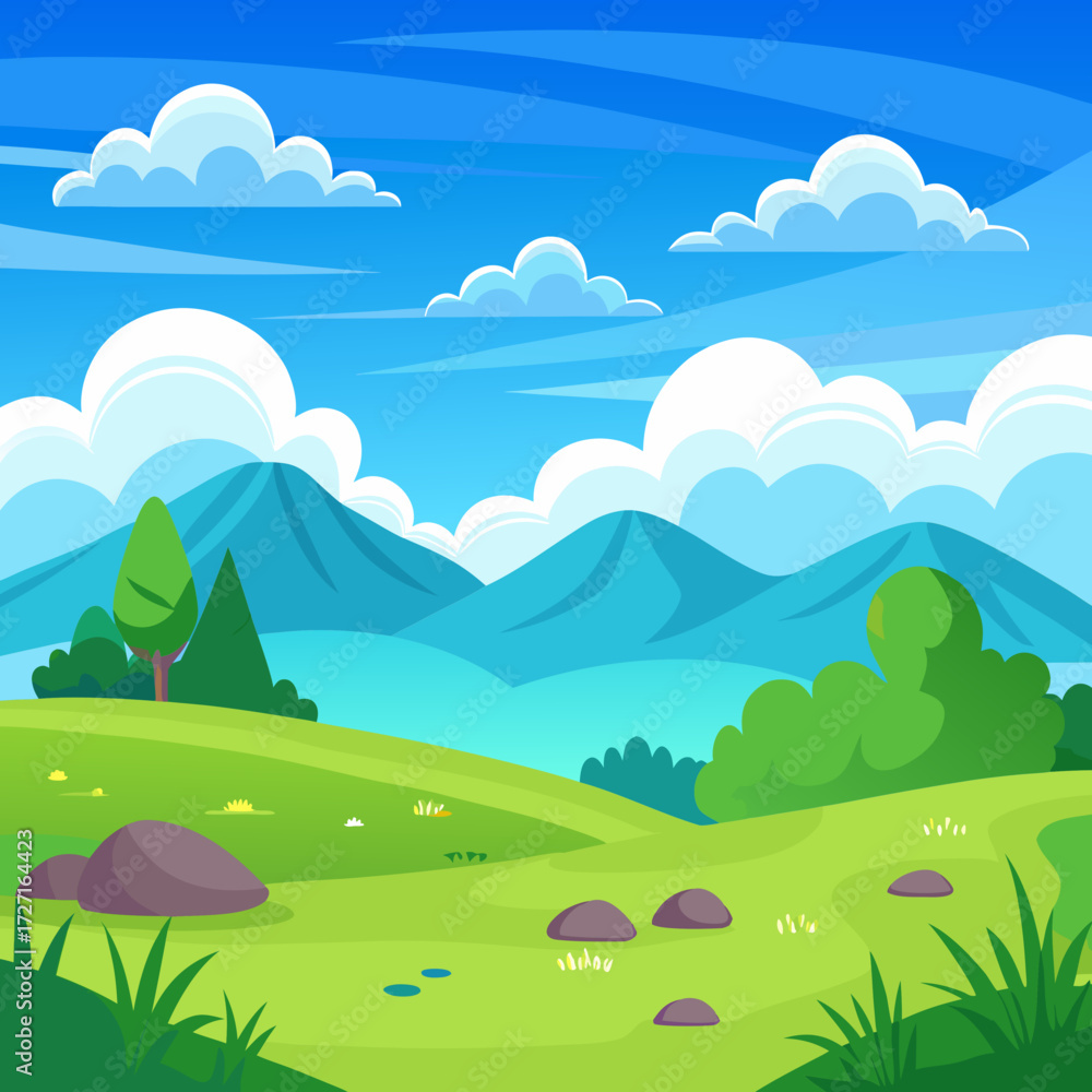 Fototapeta premium Vibrant cartoon landscape vector illustration with rolling hills and fluffy clouds