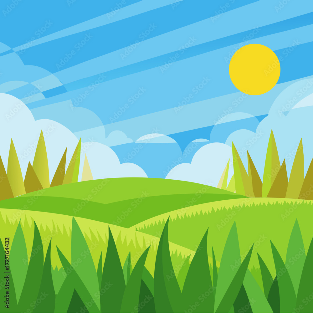 Obraz premium Cartoon grass field sunny sky vector illustration flat design scalable nature landscape