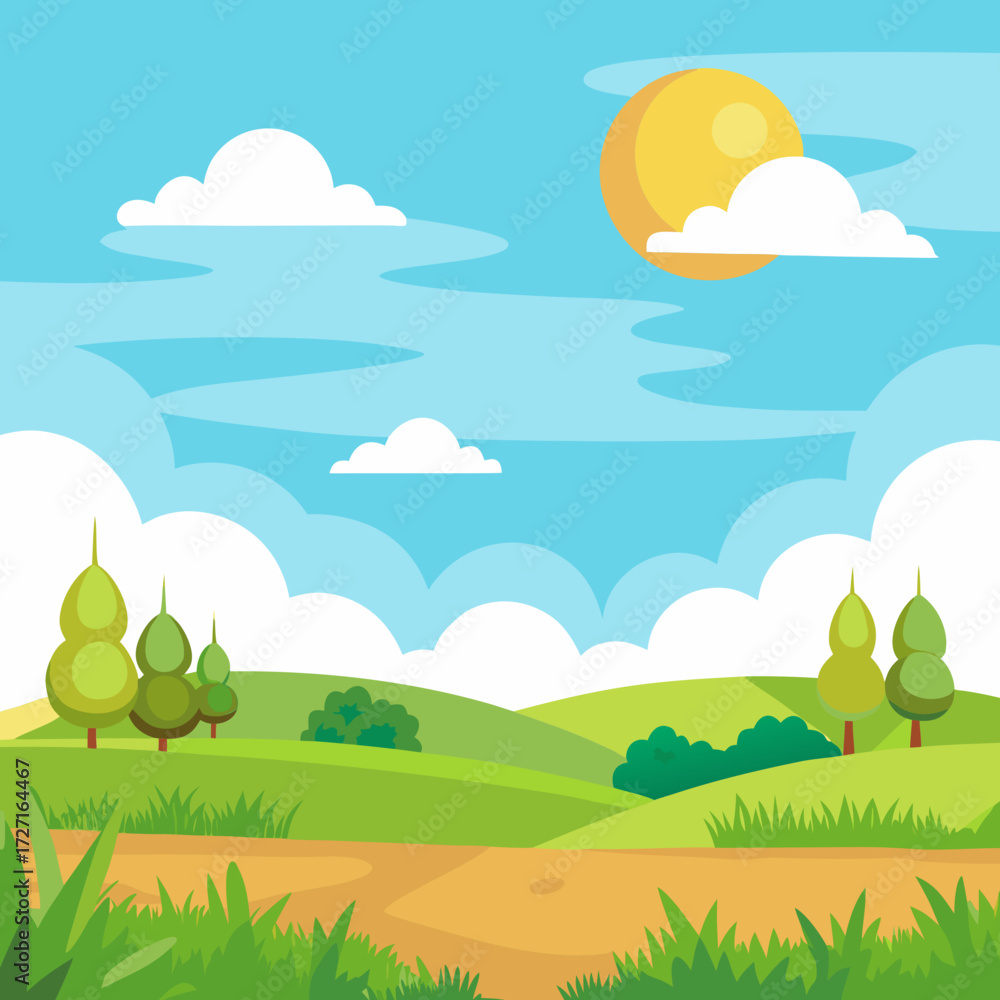 Fototapeta premium Vector cartoon nature scenery with green grass field sunny sky and clouds illustration
