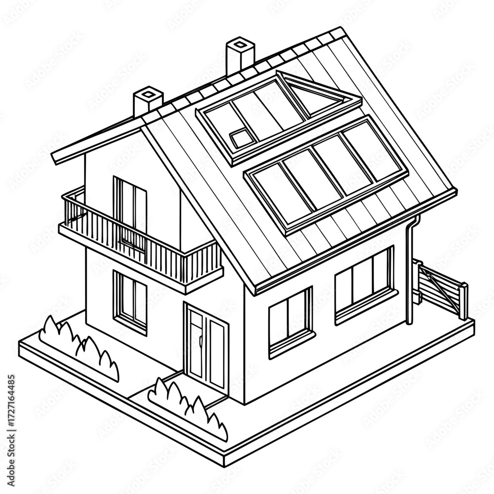Isometric line drawing of a modern house with a balcony skylights and chimney on a white background