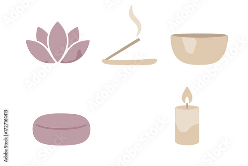Collection of spiritual wellness and meditation symbols including lotus flower, burning incense, singing bowl, and lit candle