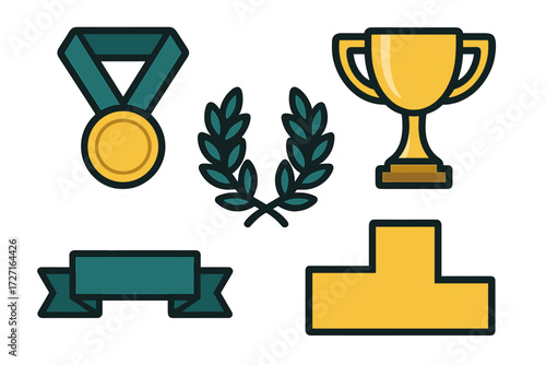 Gold medal, shiny trophy, green laurel wreath, blank ribbon banner, and winner podium for achievement and success