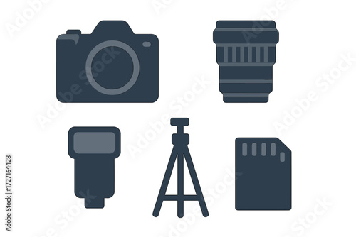 Professional photography equipment set including camera, lens, flash, tripod, and memory card for digital image capture