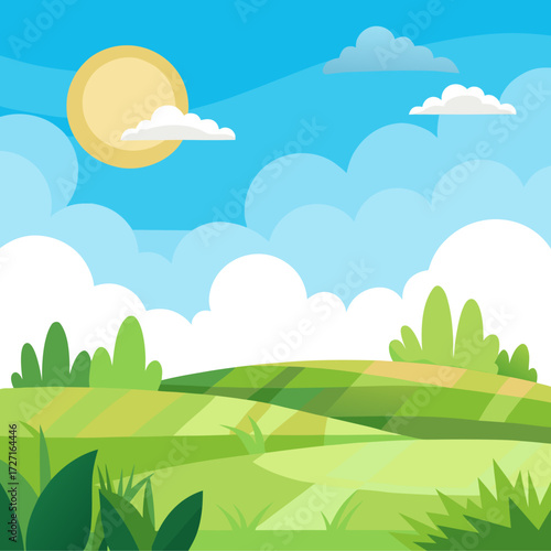 Bright cartoon landscape vector illustration sunny day peaceful meadow green hills blue sky