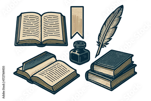 Vintage style books, quill pen, inkwell, and bookmark set for reading, education, and literary concepts
