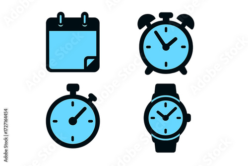 Collection of essential timekeeping and scheduling icons including calendar, alarm clock, stopwatch, and wristwatch