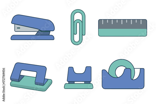 Essential office supplies in flat design including stapler, paper clip, ruler, hole punch, tape dispenser