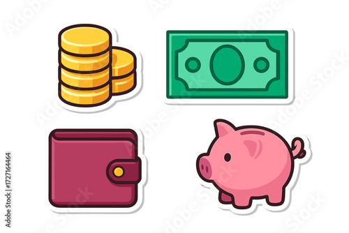 Collection of financial icons featuring stacked gold coins, a green banknote, a classic pink piggy bank, and a modern red wallet