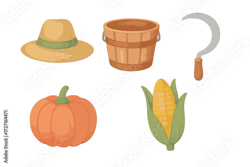 Autumn harvest season elements with traditional farmer hat, rustic wooden bucket, sharp sickle, ripe orange pumpkin, and fresh yellow corn