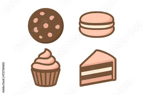 Assortment of sweet bakery desserts including chocolate chip cookie macaron cupcake and cake slice on a clean white background