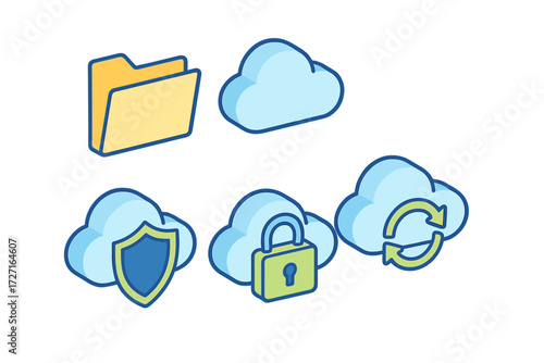 Modern isometric cloud computing concepts for data storage, security, synchronization, and file management services