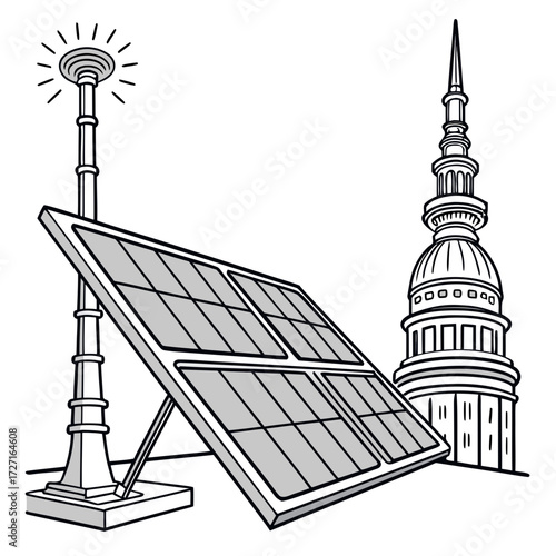Modern solar panel and illuminated street lamp in front of a historic domed building with a spire