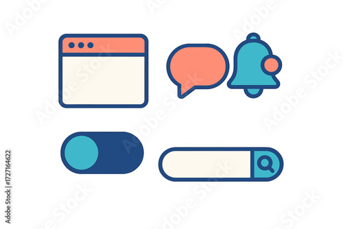 Modern digital interface elements with browser window, chat bubble, notification bell, toggle switch, and search bar
