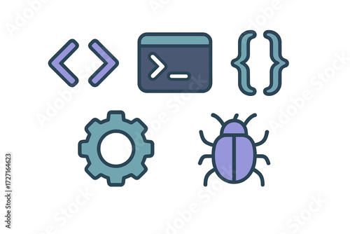 Programming and software development icons featuring code brackets, terminal window, gear, and bug symbol