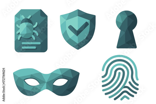 Cybersecurity and data protection symbols: virus, secure shield, keyhole, anonymous mask, and biometric fingerprint