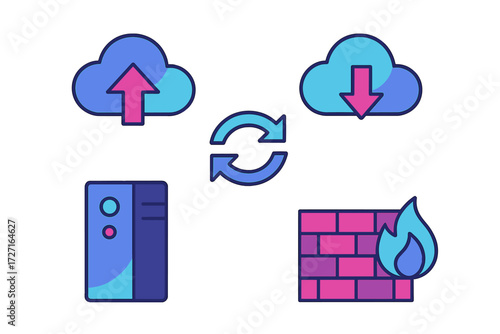 Cloud data management, secure network operations, digital information transfer, server infrastructure, and firewall protection concepts