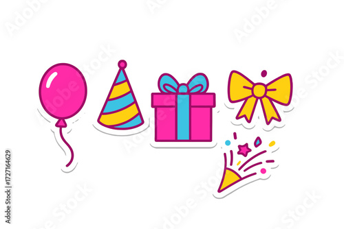 Vibrant celebration party elements set with balloon, festive hat, wrapped gift box, decorative bow, and exploding confetti popper