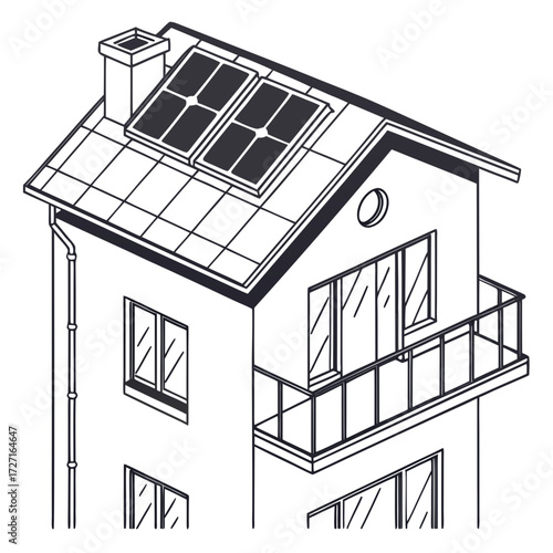 Modern residential house with solar panels installed on the roof and a balcony for energy efficiency