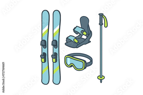 Winter sports equipment set including skis, ski pole, goggles, and snowboard binding for cold weather activities
