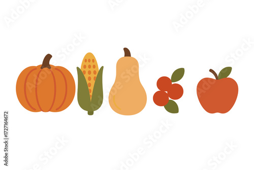 Colorful autumn harvest produce collection featuring pumpkin, corn, butternut squash, cranberries, and a red apple