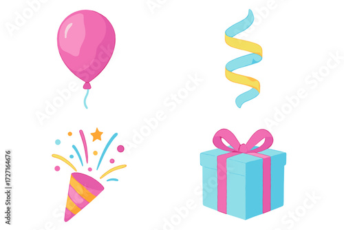Colorful party elements set with balloon, gift box, confetti popper, and festive streamer for celebration designs