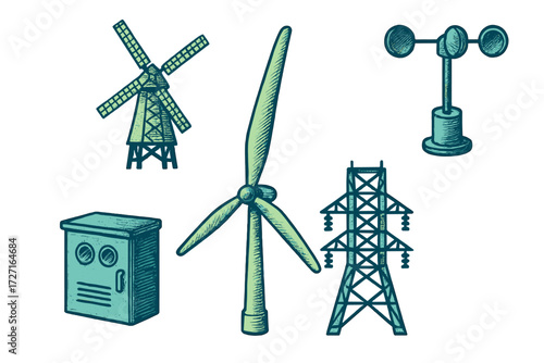 Collection of sustainable energy generation and power transmission elements including wind turbine, windmill, and electricity pylon