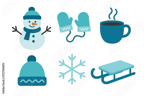 Collection of winter season elements including a snowman, warm mittens, cozy hat, hot drink, delicate snowflake, and a wooden sled