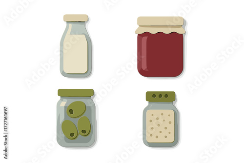 Stylized collection of food jars and bottles with milk, jam, olives, and spices, presented in a minimalist style