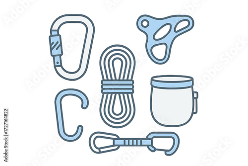 Climbing and mountaineering equipment set with carabiners, rope, belay device, and chalk bag for outdoor sports
