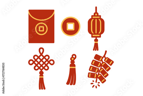 Traditional Chinese New Year celebration symbols set with red envelope, lantern, knot, coin, firecrackers, and tassel