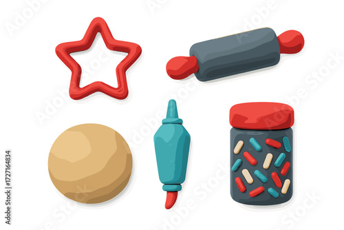 Colorful baking and confectionery tools including rolling pin, cookie cutter, dough, piping bag, and sprinkles