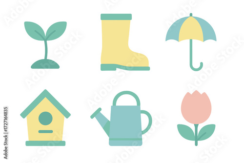 Spring and gardening items: plant sprout, rain boot, umbrella, birdhouse, watering can, tulip flower