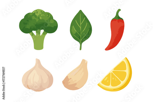 Fresh organic cooking ingredients including green broccoli, spinach leaf, red chili pepper, garlic clove, and yellow lemon slice