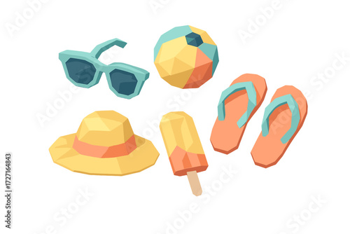 Collection of colorful summer vacation accessories including stylish sunglasses, a vibrant beach ball, a classic sun hat, a refreshing popsicle, and comfortable flip flops