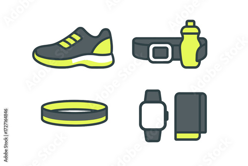 Essential fitness and running accessories set with athletic shoe, hydration belt, smartwatch, and towel