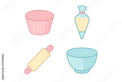 Baking tools and accessories for pastry and dessert preparation: cupcake liner, piping bag, rolling pin, mixing bowl