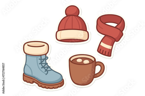 Collection of cozy winter essentials featuring a warm knitted hat, a soft scarf, a sturdy boot, and a comforting hot chocolate mug with marshmallows