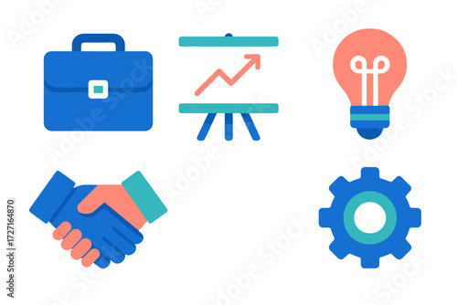 Business and finance icons set including briefcase, growth chart, idea lightbulb, handshake, and gear symbol