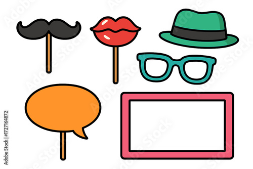Collection of fun photo booth props including mustache, lips, hat, glasses, speech bubble, and frame for parties