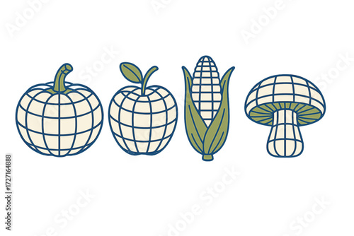 Stylized natural food items collection featuring pumpkin, apple, corn, and mushroom designs, perfect for autumn, harvest, and healthy eating themes