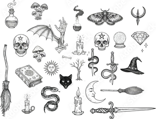 Esoteric Witchcraft and Mystical Magic Elements Hand Drawn Sketch Collection for Spellcasting and Occult Practices