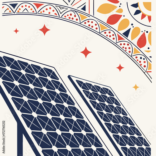 Modern solar panels generating clean energy under a stylized sun and starry sky