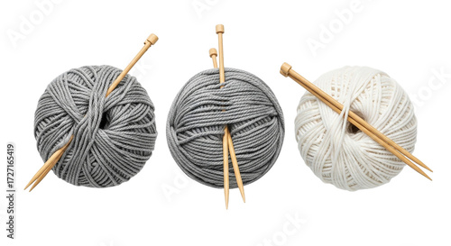 Three Wool Balls Knitting Needles Gray White and Silver Yarn Crafting Supplies Handmade on transparent background
